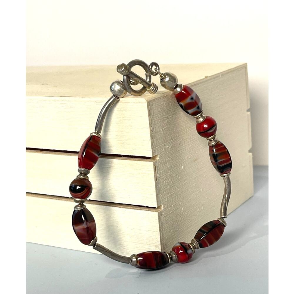 Red Black Glass Bead Bracelet 925 Sterling Clasp 7.5in Murano Style